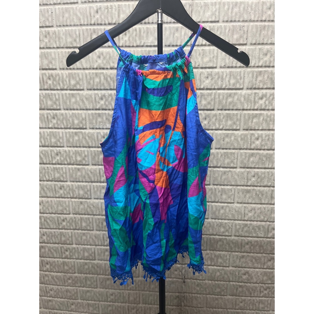 Cupshe Womens Small Blue Abstract Tropical Halter Top Crochet Tassel Trim NWT